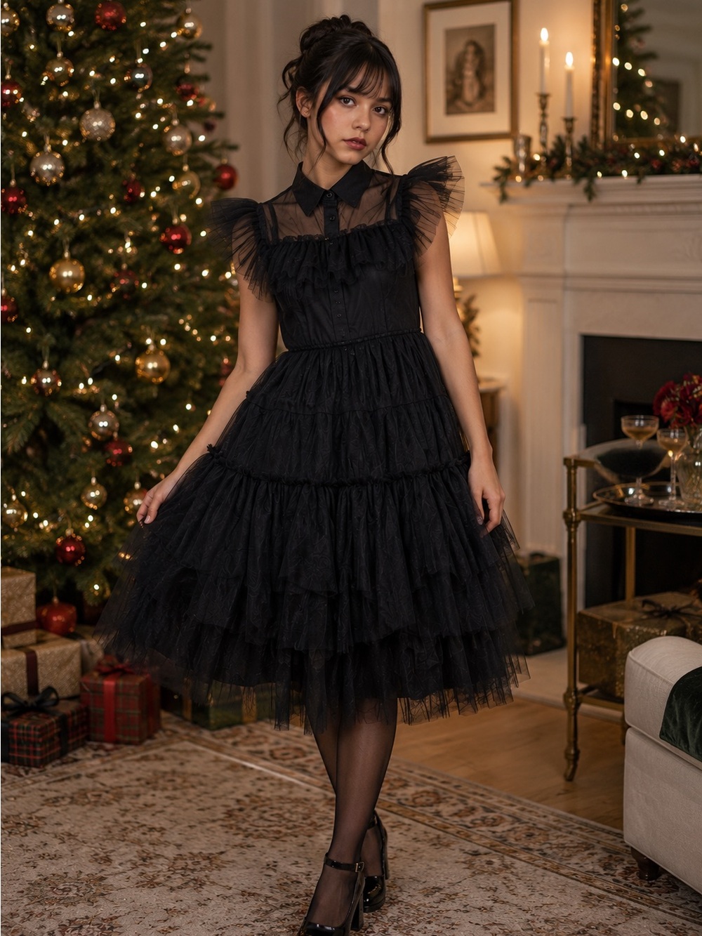 Girls Black Tulle Dress Gothic Wednesday Addams Party Dress whimsy goth holiday